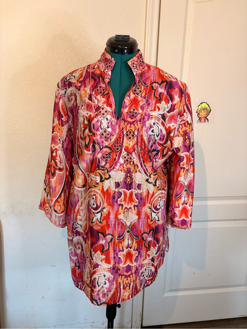 Chico's Pink, Orange & Cream Embroidered Printed Tunic